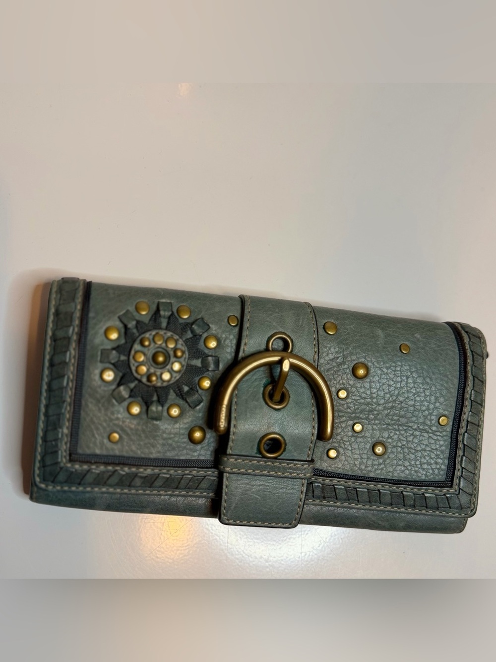 Studded coach Mia  Leather Clutch with Brass Hardware trifold